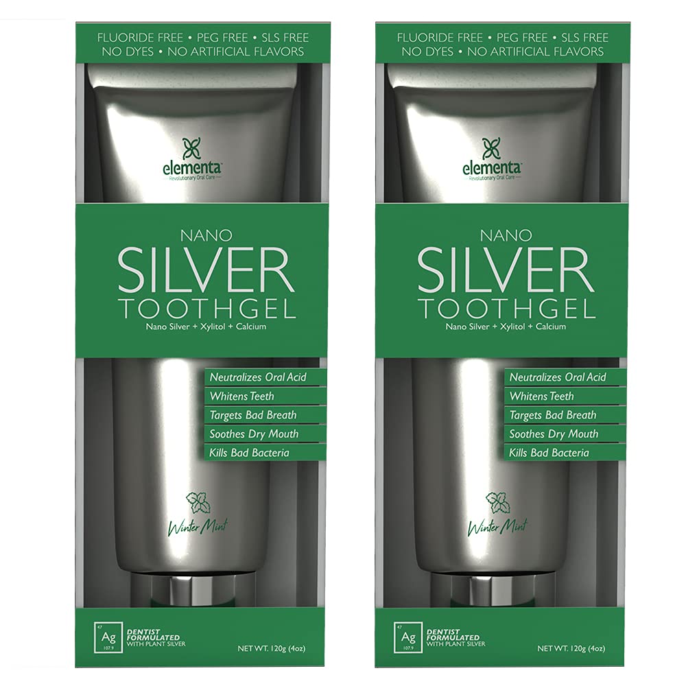 Close-up of Elementa Silver Wintermint Tooth Gel being applied for whitening