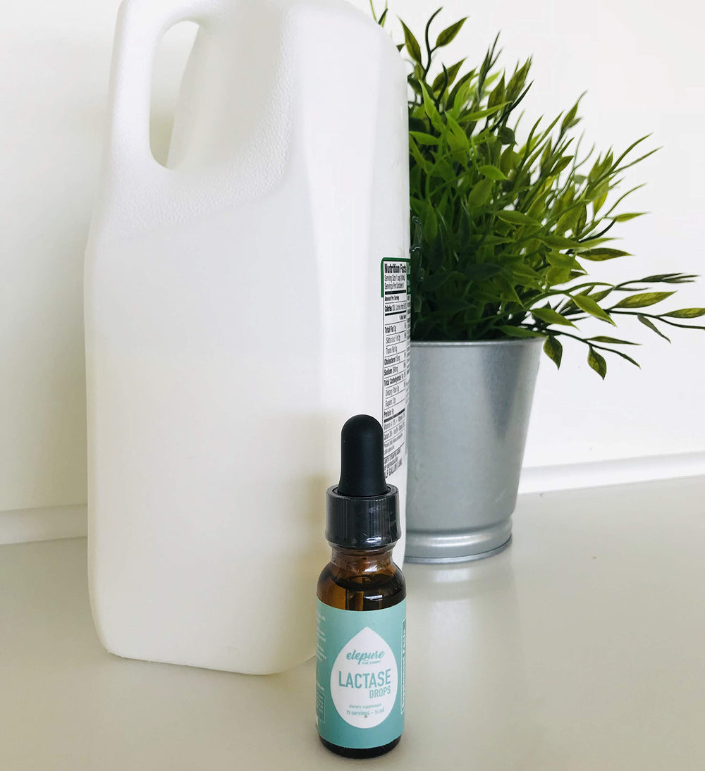Close-up shot of Elepure Lactase Drops bottle showing 20 mL size