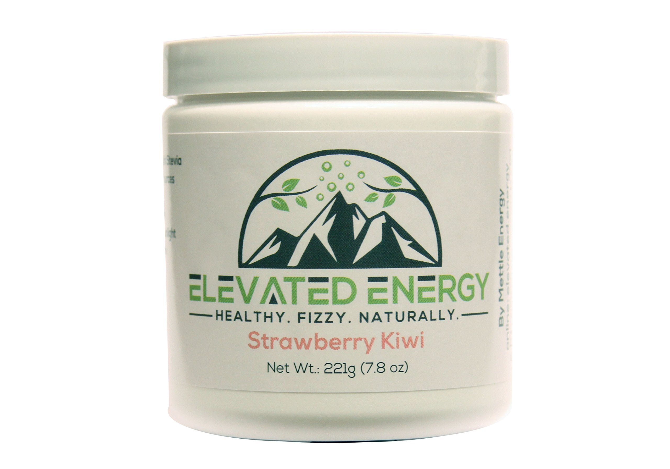 Front view of Elevated Energy Strawberry Kiwi powder tub (30 servings).
