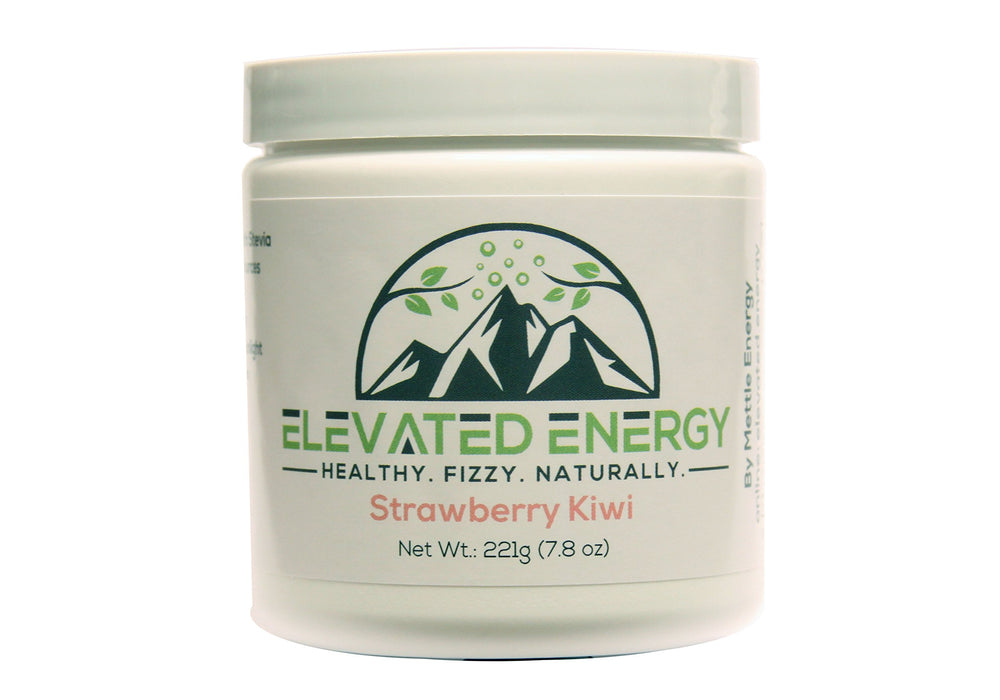 Front view of Elevated Energy Strawberry Kiwi powder tub (30 servings).