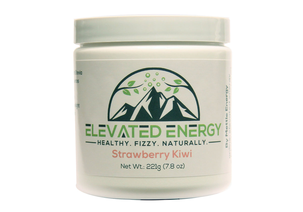Front view of Elevated Energy Strawberry Kiwi powder tub (30 servings).