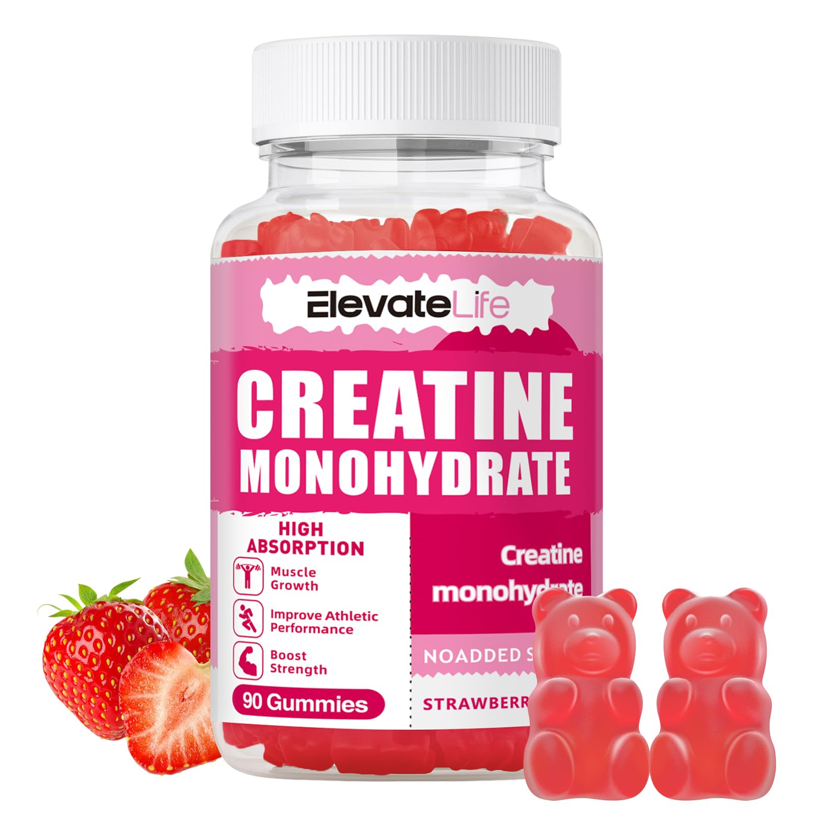 ElevateLife Creatine Monohydrate Gummies bottle with strawberry flavor
