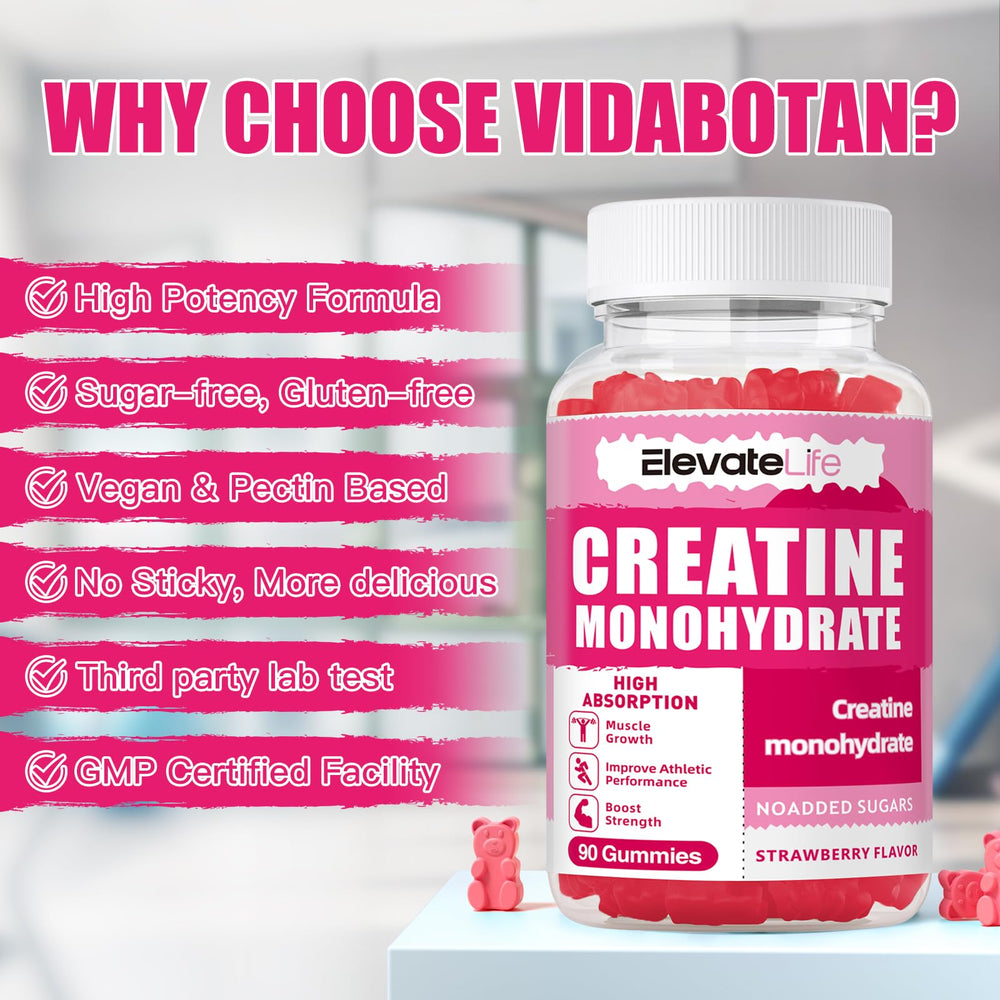 Bottle and packaging of ElevateLife Creatine Monohydrate Gummies