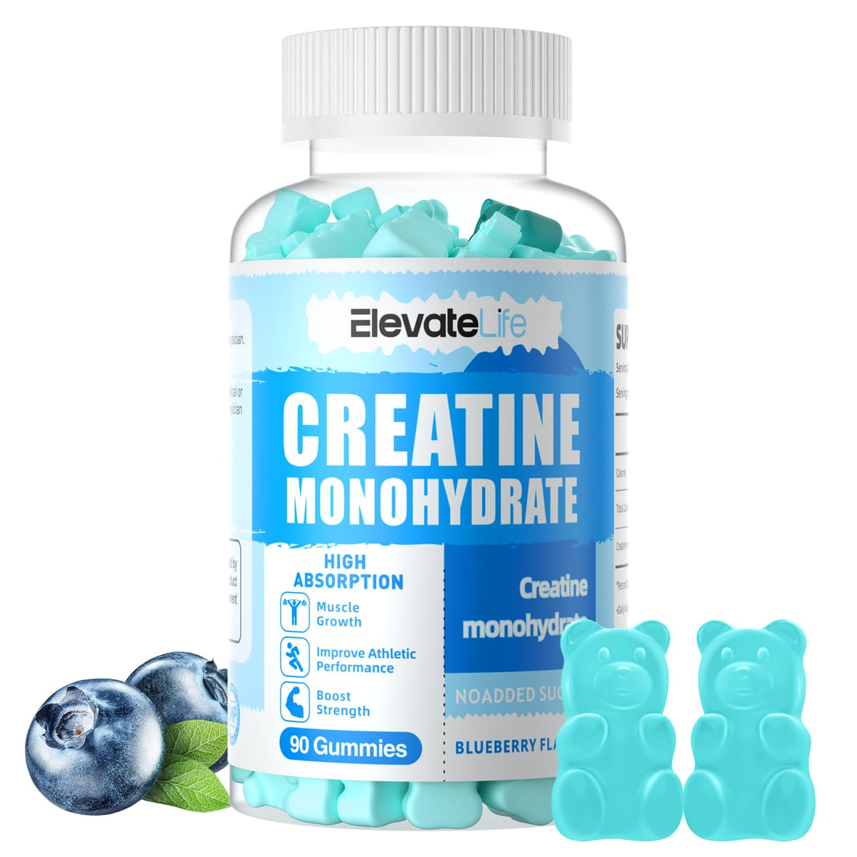Front view of ElevateLife Creatine Monohydrate Gummies Blueberry bottle