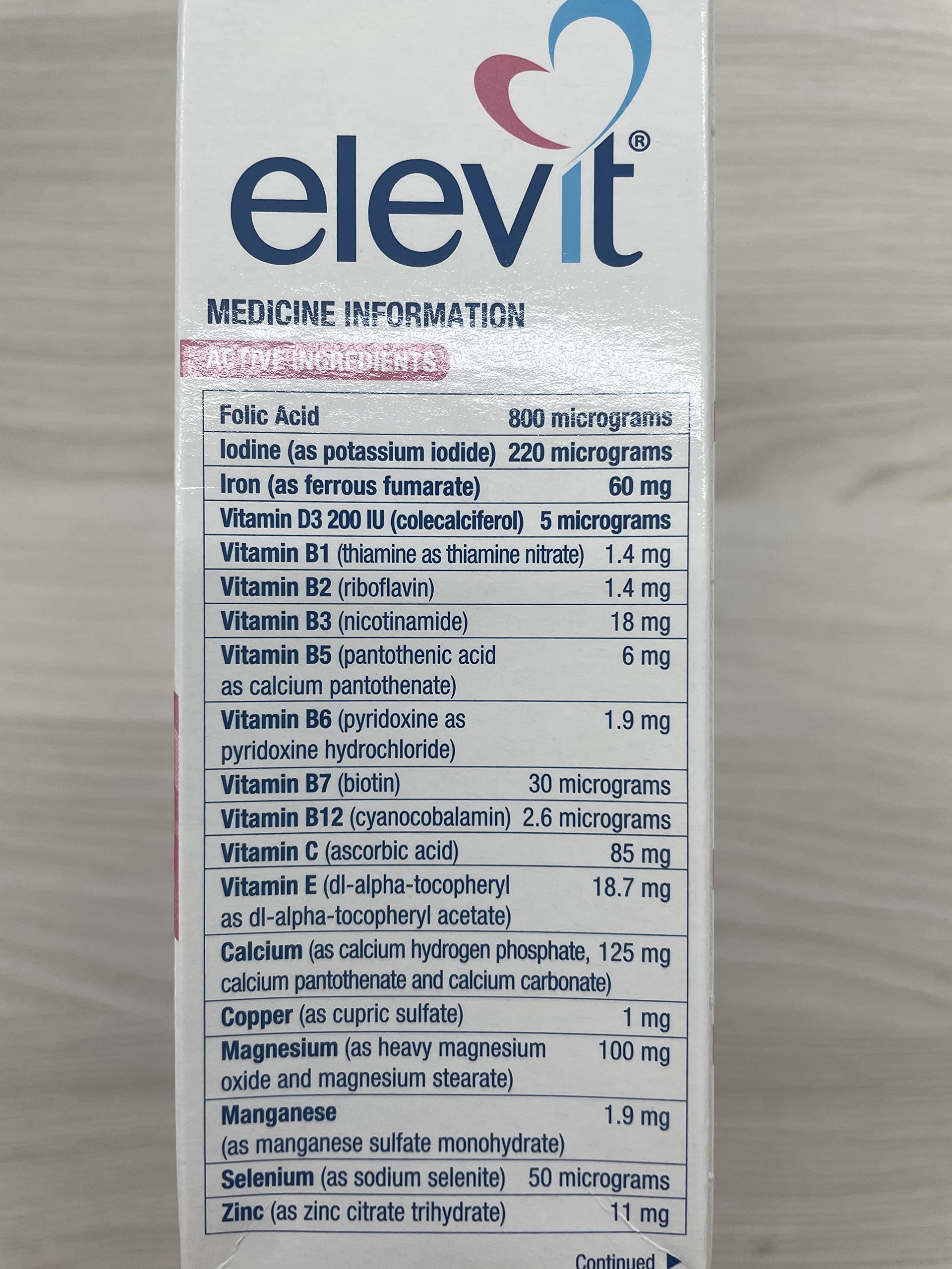 Boxed Elevit TAB with Iodine showing label details