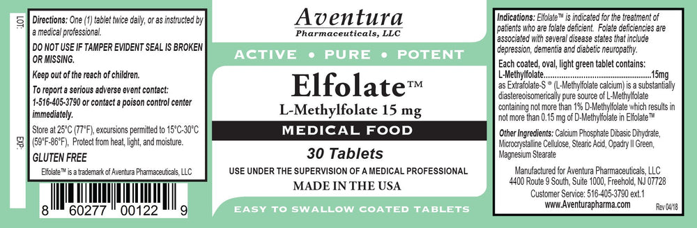 Close-up of ELFOLATE bottle label showing 15mg L-Methylfolate