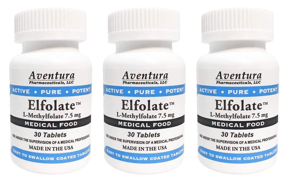 ELFOLATE 7.5mg L-Methylfolate medical food supplement bottle and tablets