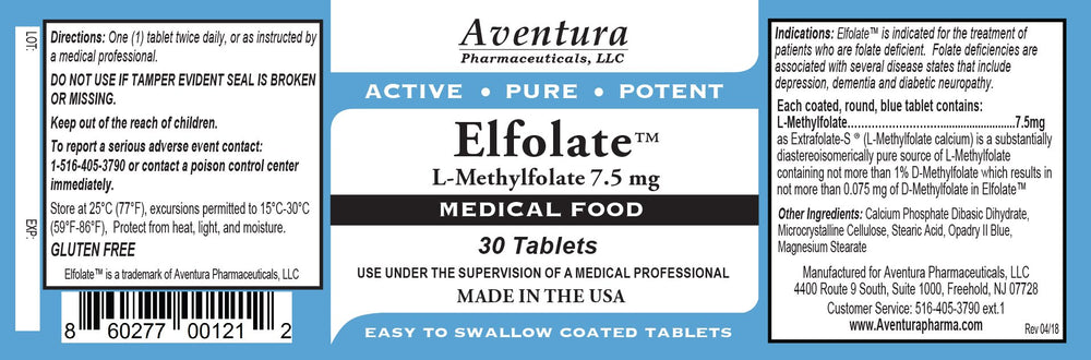 Close-up of ELFOLATE 7.5mg bottle showing L-Methylfolate formulation
