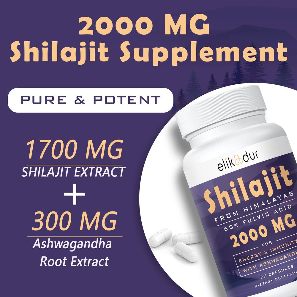 Ashwagandha root alongside Elikadur Shilajit capsules