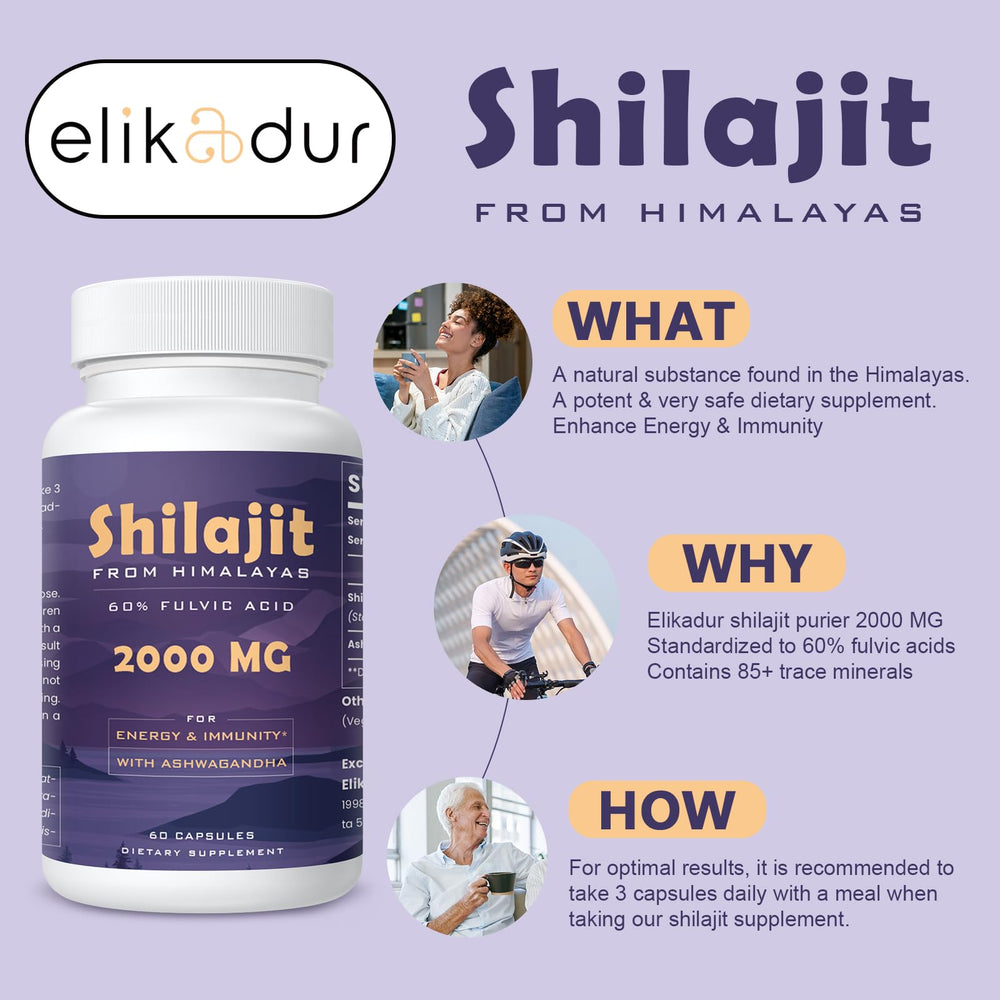 120-capsule bottle of Elikadur Shilajit supplement