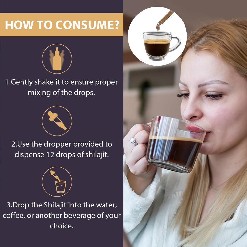 Pouring Elikadur Shilajit drops into glass