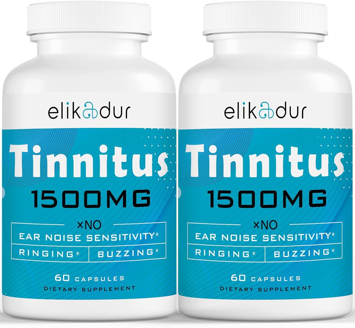 Elikadur Tinnitus 1500 mg supplement bottle and capsules on white background
