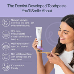 Back of Elims toothpaste package with ingredients and fluoride-free claim