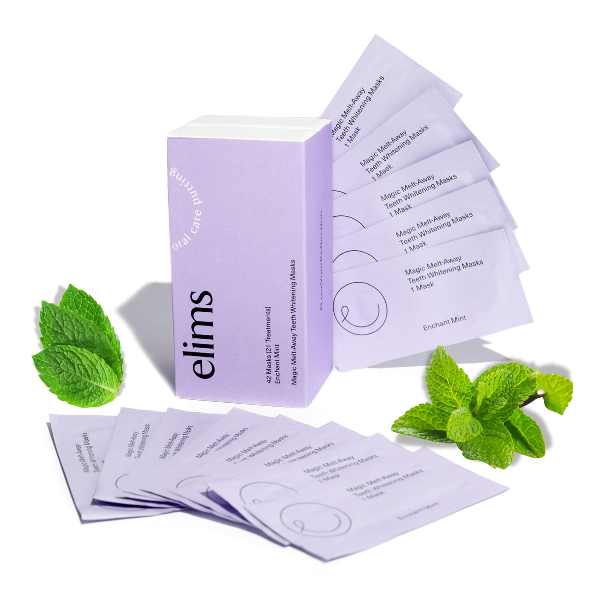 Hero image showing ELIMS Teeth Whitening Strips with 21 treatments and 42 strips
