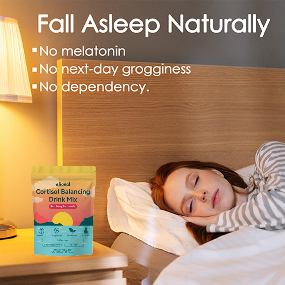 Close-up of Elional Cortisol Drink Mix label highlights adaptogen blend.