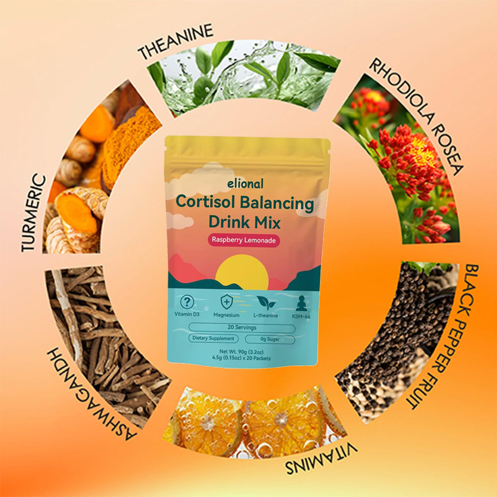 Open packet reveals Elional Cortisol Drink Mix Raspberry Lemonade powder.