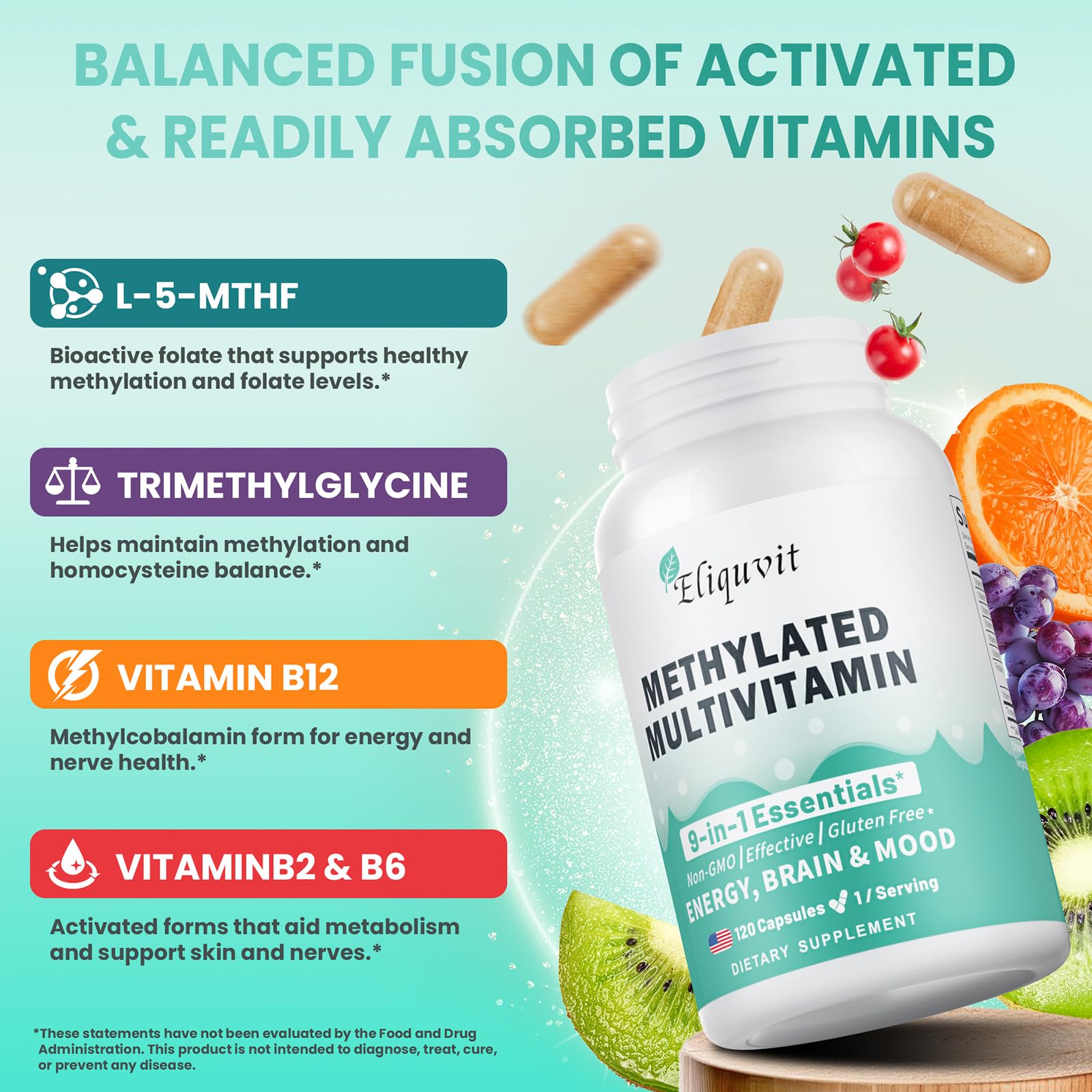 USA made, non-GMO, gluten-free methylated multivitamin with B vitamins