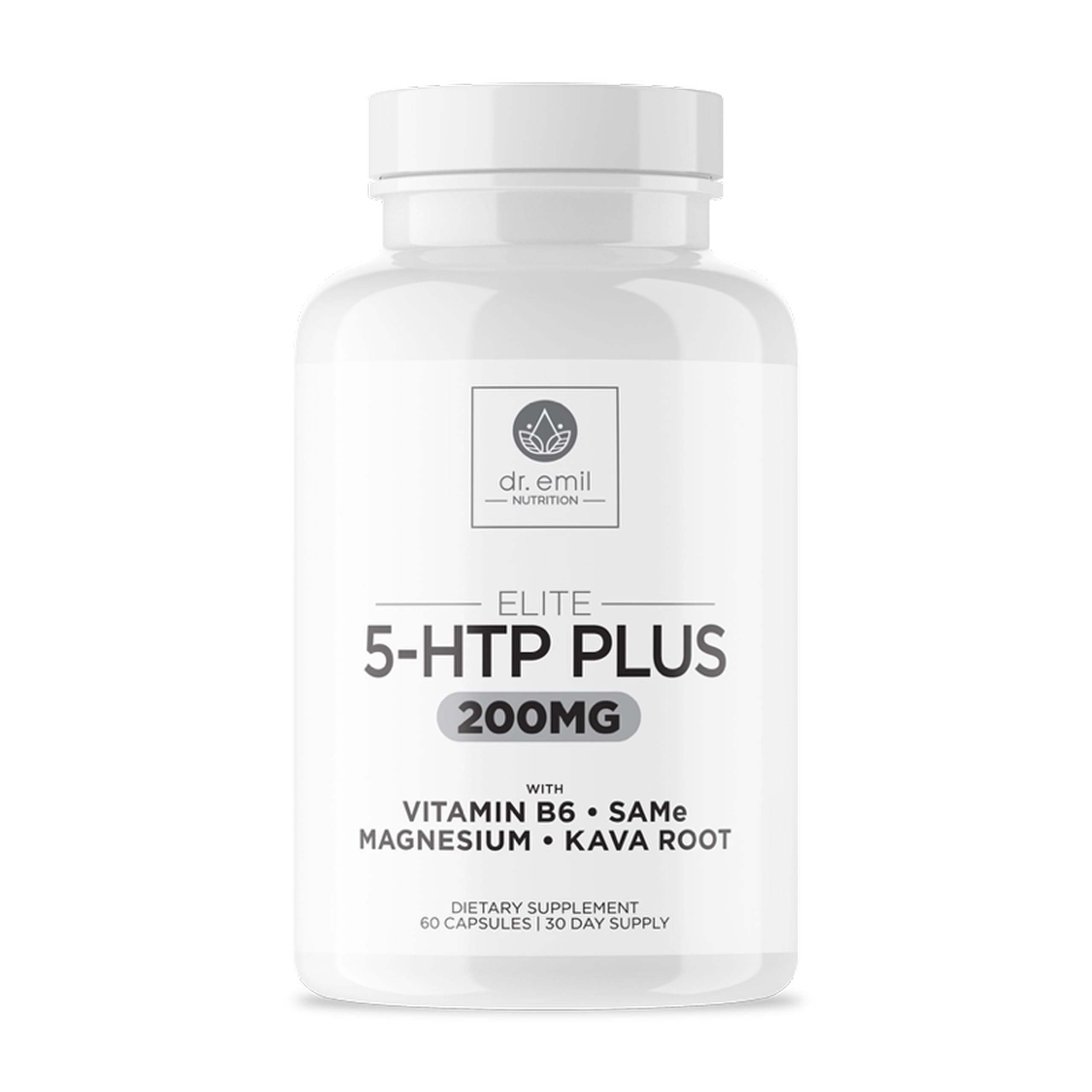 Front view of Elite 5HTP Plus bottle highlighting Kava, Magnesium, SAM-e and 60 capsules
