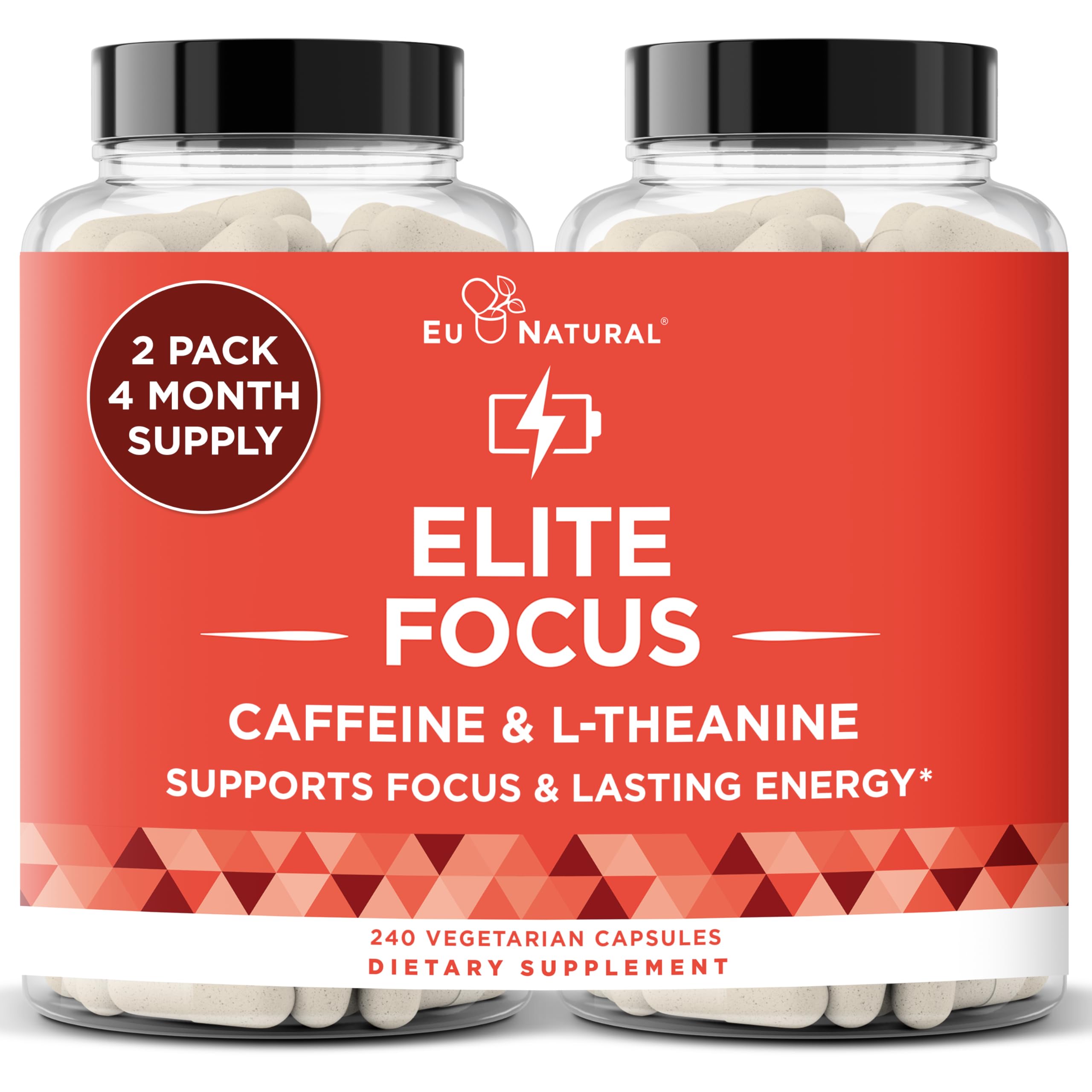 Bottle of Elite Caffeine Pills with L-Theanine on white background