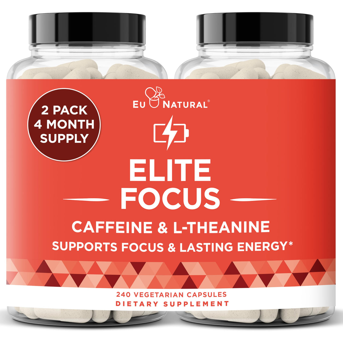 Bottle of Elite Caffeine Pills with L-Theanine on white background