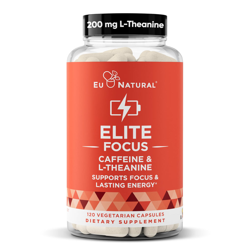 Elite caffeine pills with L-Theanine bottle on hero image.
