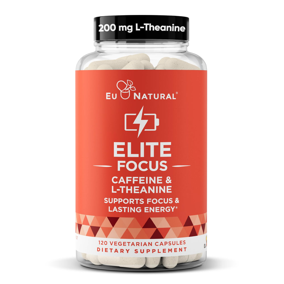 Elite caffeine pills with L-Theanine bottle on hero image.