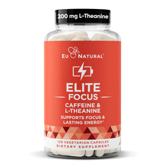 Elite caffeine pills with L-Theanine bottle on hero image.