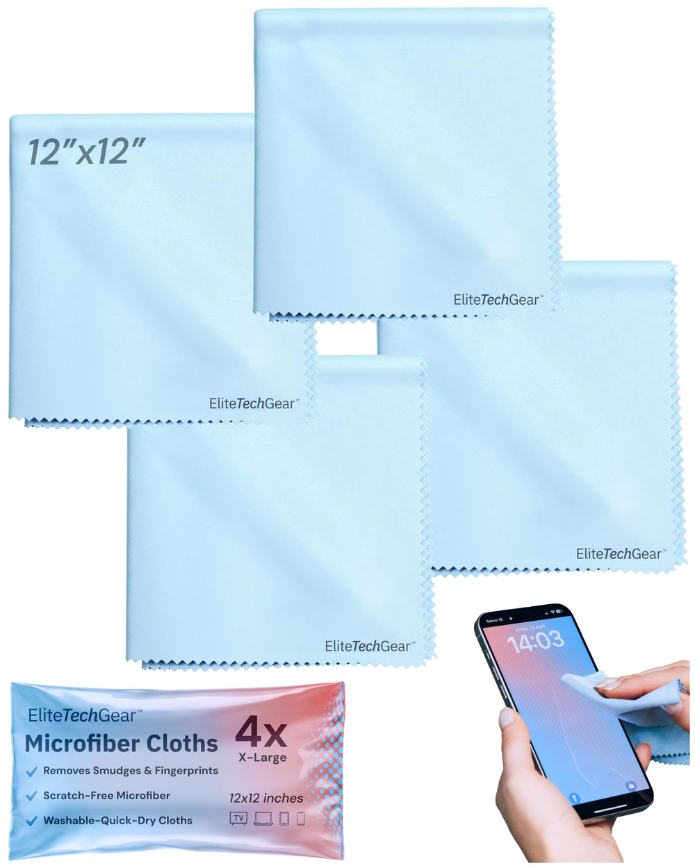 Elite Screens blue microfiber cleaning cloth 12x12 inches - front view