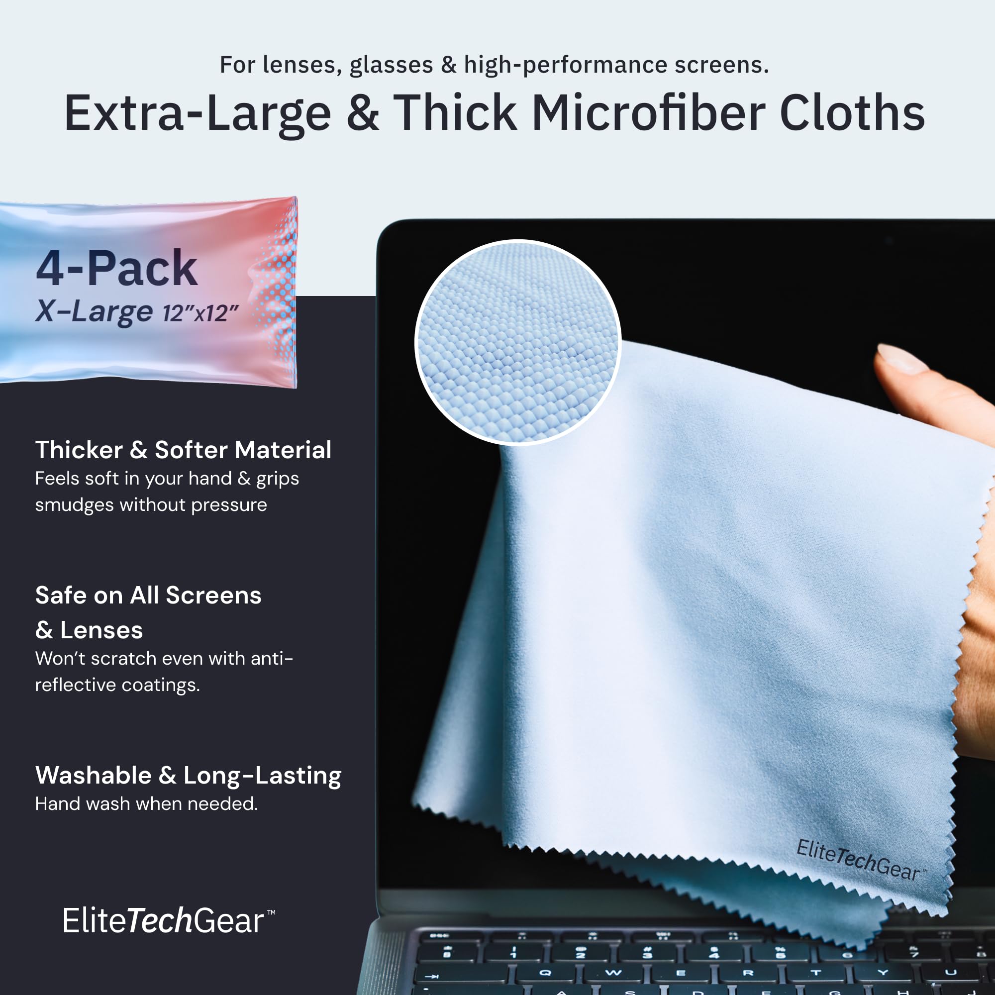 Blue microfiber cleaning cloth for eyeglasses and screens close-up
