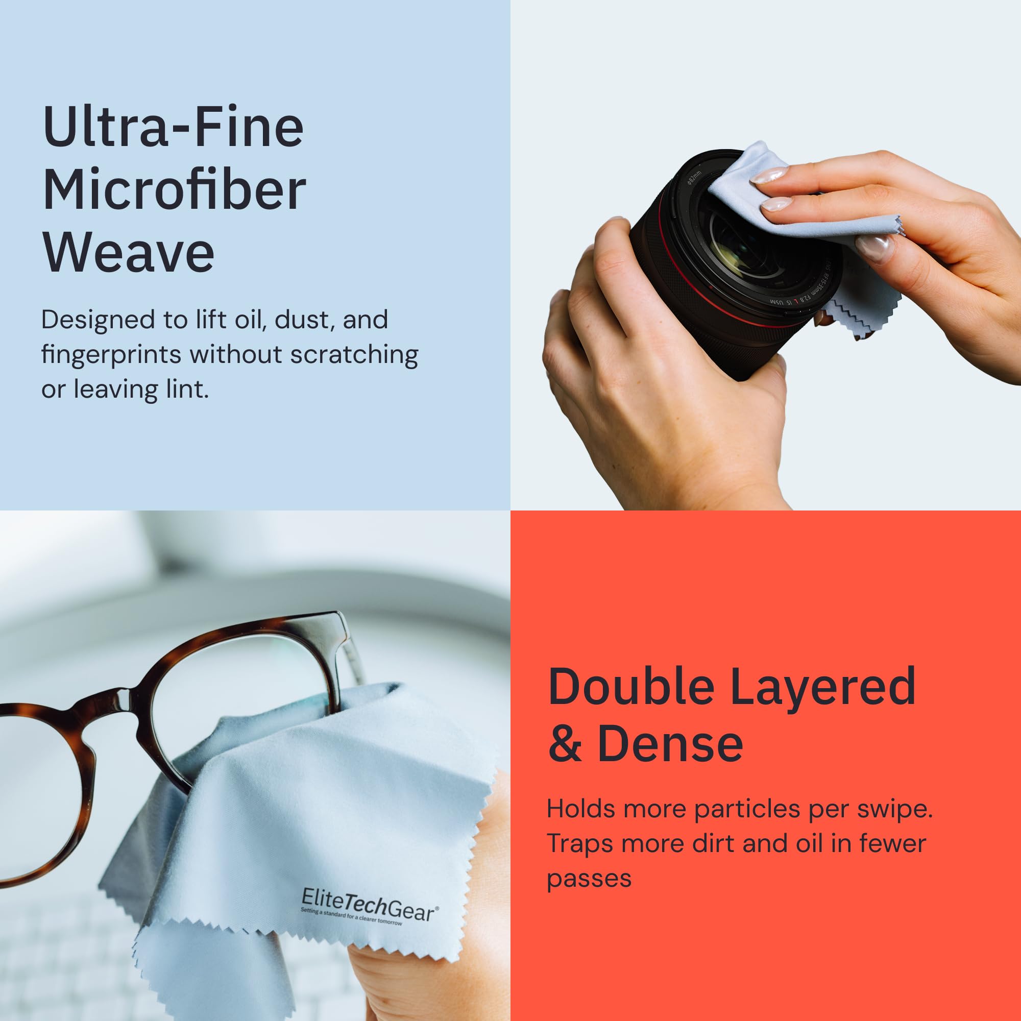 Microfiber cloth cleaning eyeglasses and screens in use
