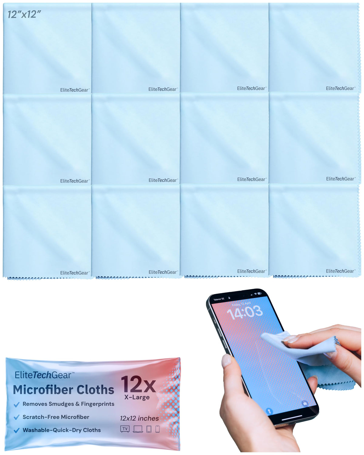 Blue Elite Screens microfiber cleaning cloth, 12x12 inches, pack of 12 — top-down view