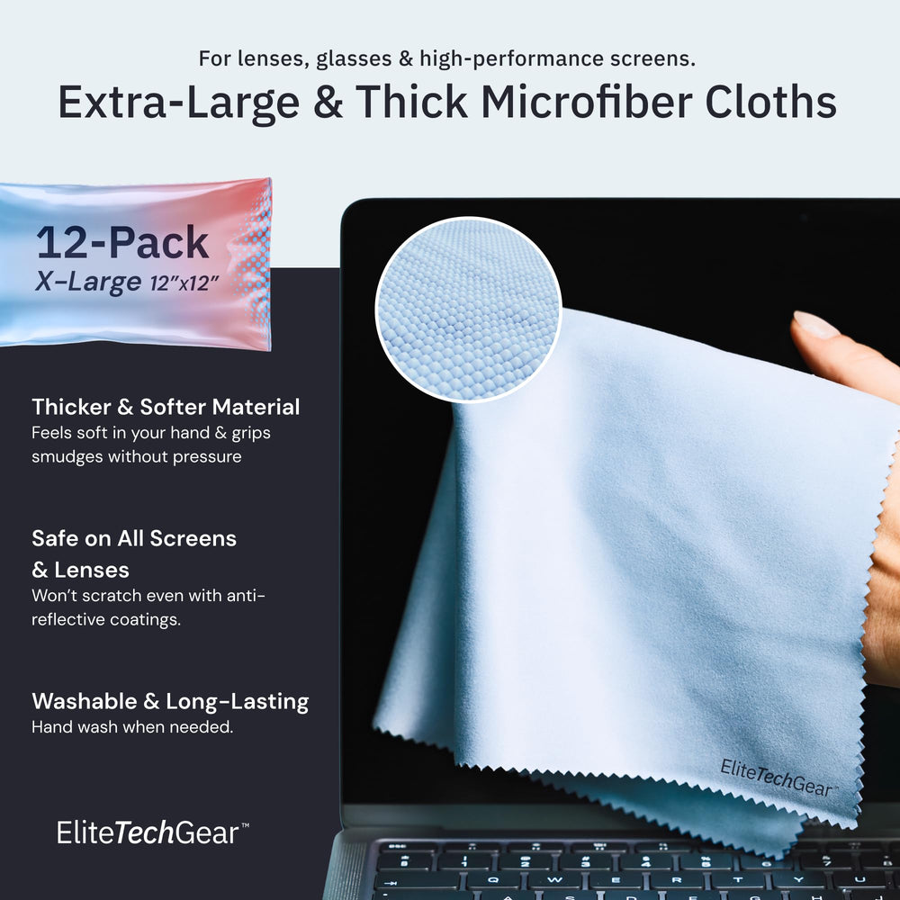 Blue microfiber cleaning cloths laid out, 12x12 inch, pack of 12 — spread layout