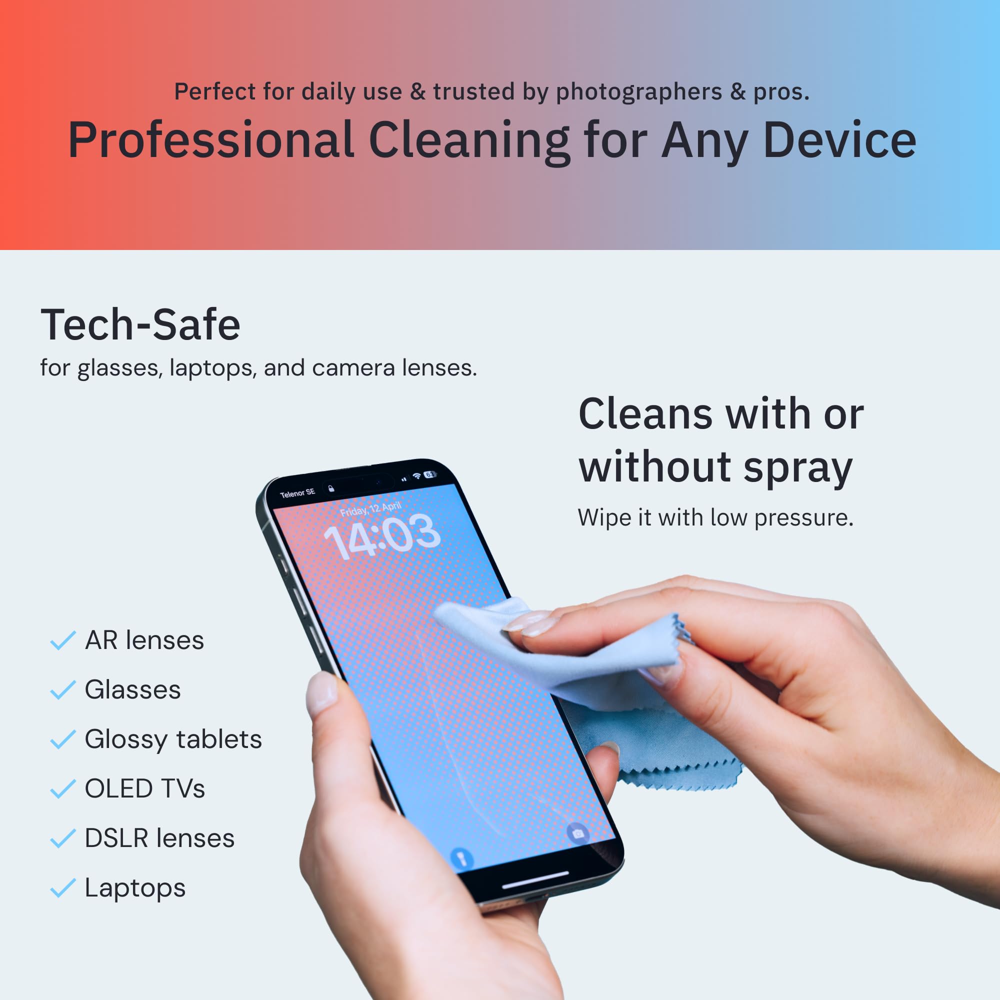 Eyeglasses being wiped with blue microfiber cloth for a streak-free finish