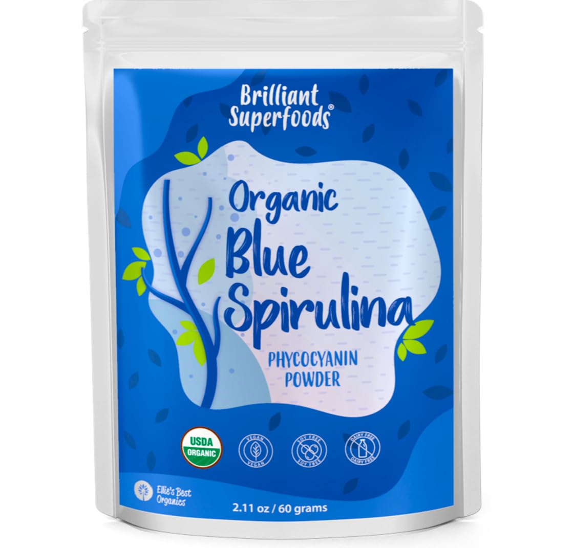 Front packaging of Ellie's Organic Blue Spirulina Powder with 60 servings
