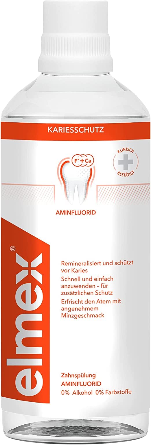Close-up of Elmex label showing Olafluor amine fluoride and fluoride content
