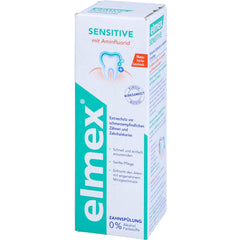 Close-up of Elmex Sensitive Mouthwash label showing amine fluoride and alcohol-free formula