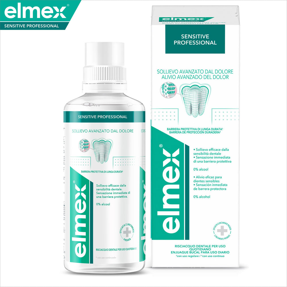 Close-up of amine fluoride text on Elmex Sensitive Plus Mouthwash label
