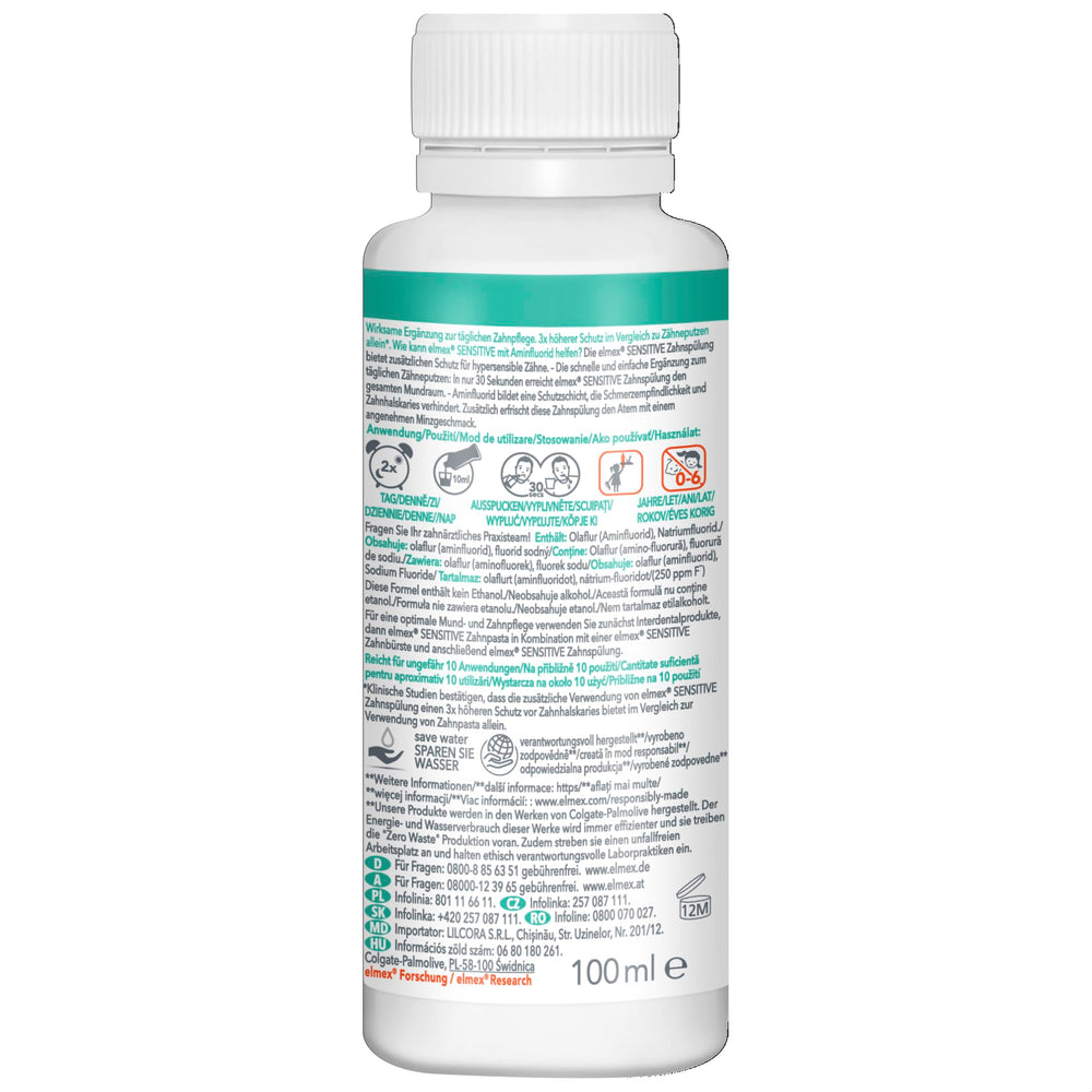 Elmex Sensitive Mouthwash bottle front view 3.4 oz