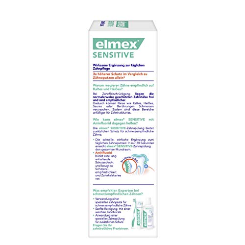 Close-up of Elmex Sensitive Mouthwash label showing 'Alcohol-Free'