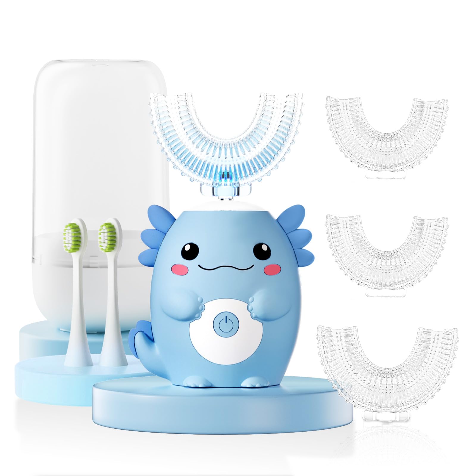 ELOTAME Kids Electric U-Shaped Toothbrush blue with Axolotl cartoon design