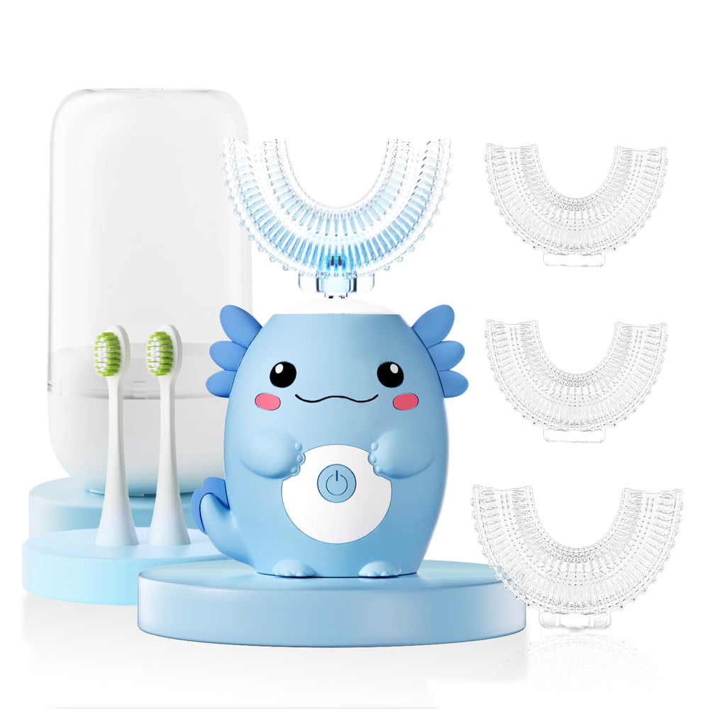 ELOTAME Kids Electric U-Shaped Toothbrush blue with Axolotl cartoon design