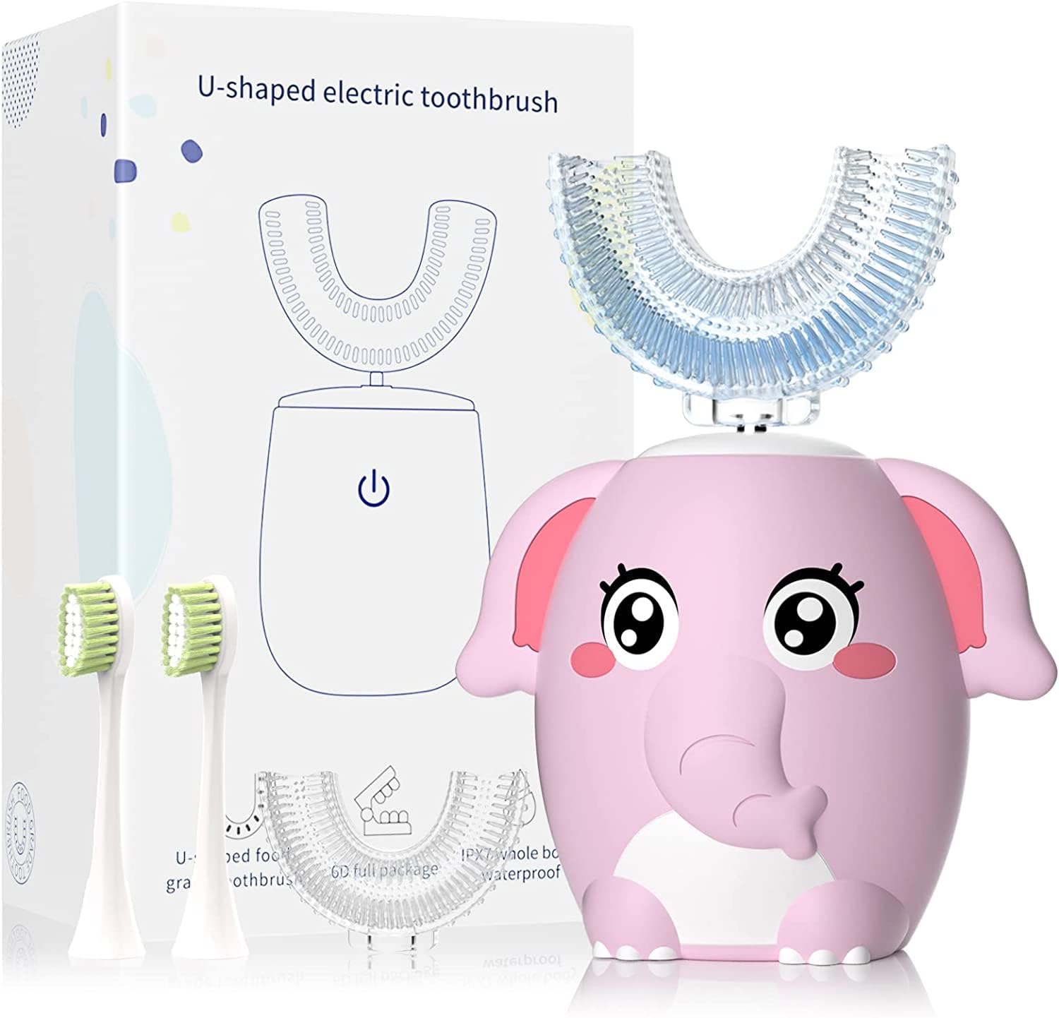 ELOTAME Kids Electric U-Shaped Toothbrush Pink front view with four brush heads
