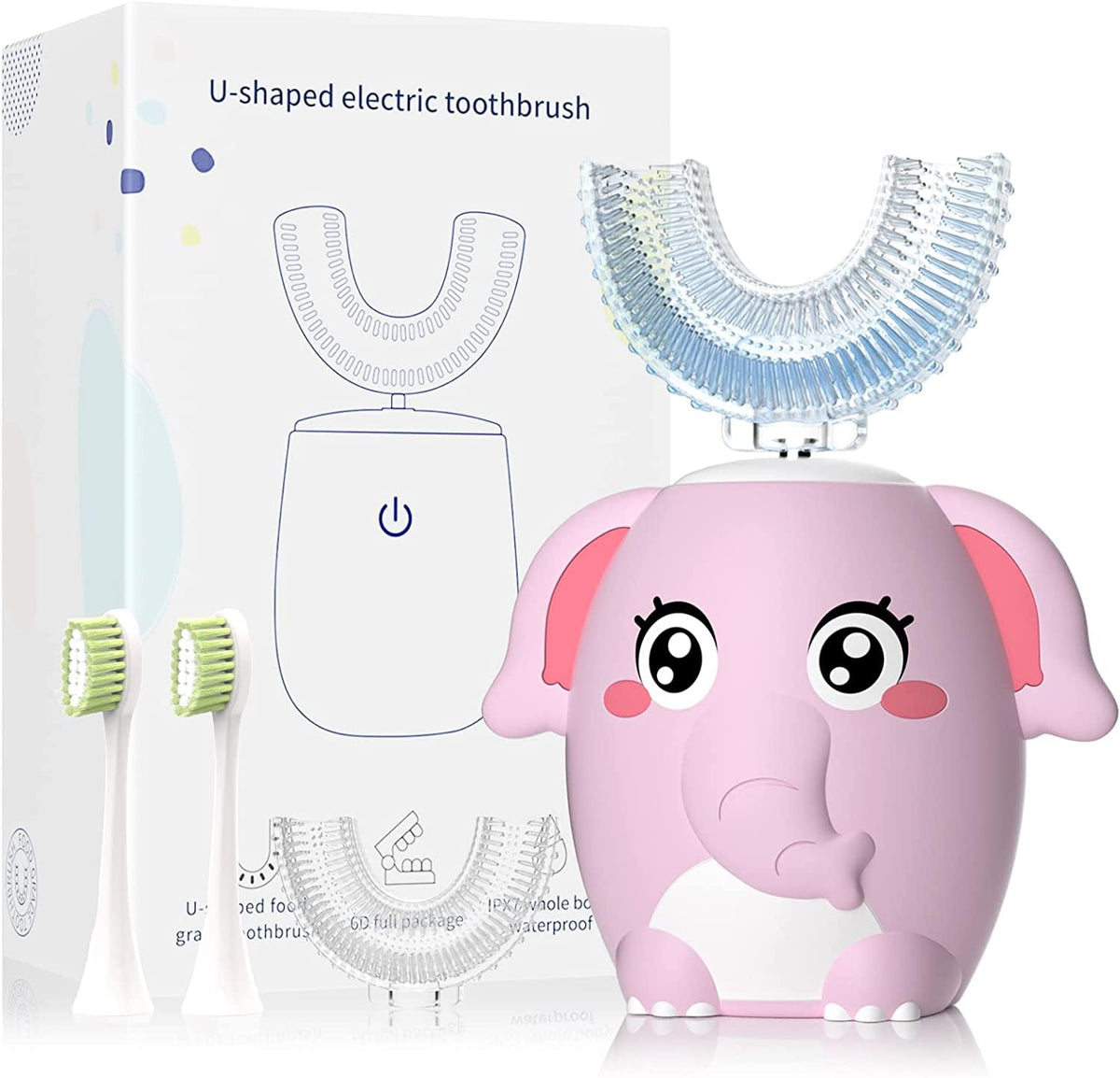 ELOTAME Kids Electric U-Shaped Toothbrush Pink front view with four brush heads