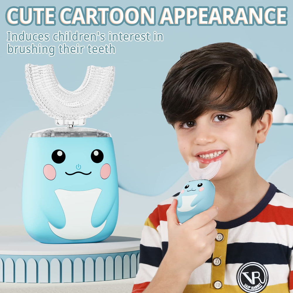 Kids U-shaped electric toothbrush showing 6 cleaning modes
