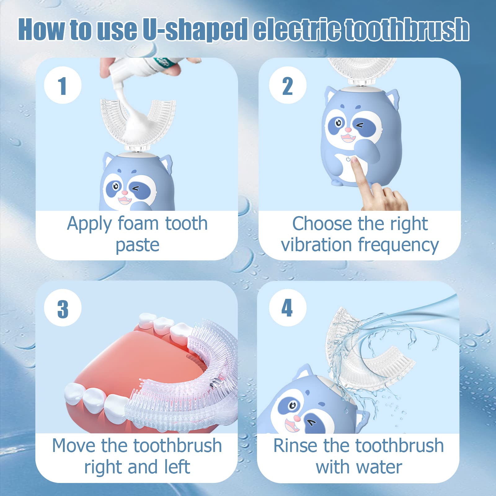 Complete ELOTAME Kids U-Shaped Toothbrush set with 4 brush heads