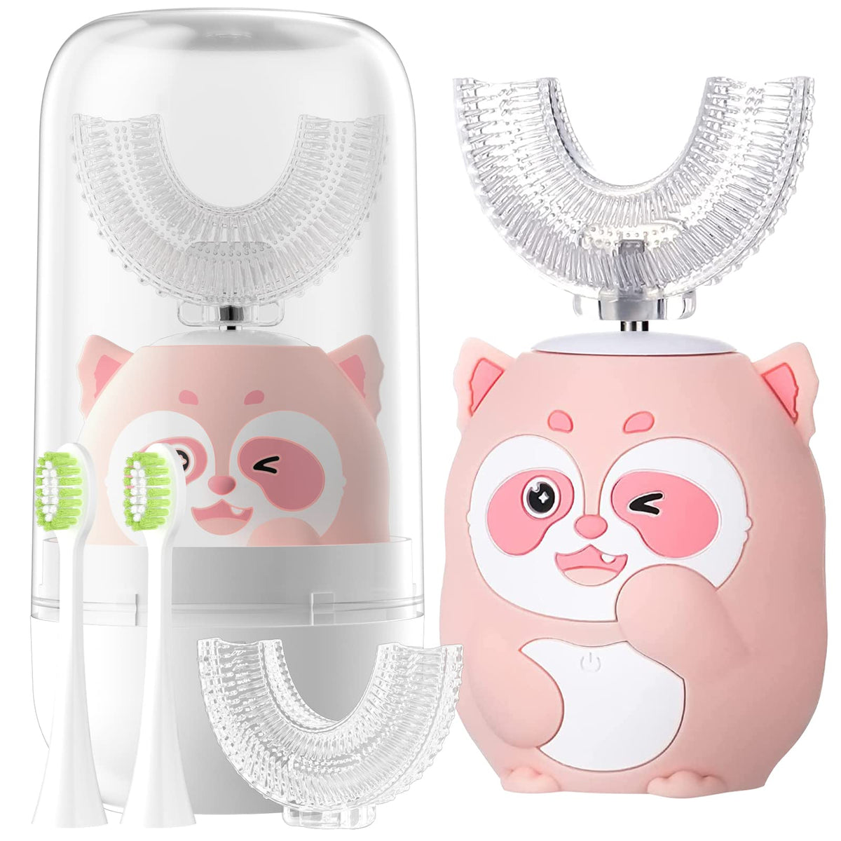 Front view of ELOTAME Kids U-Shaped Electric Toothbrush in pink