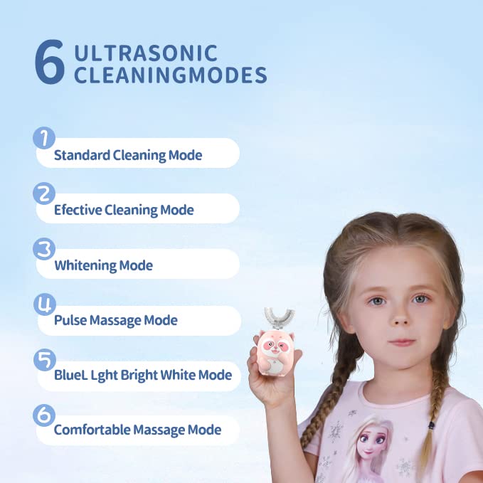 Side angle view of ELOTAME Kids U-Shaped Toothbrush in pink