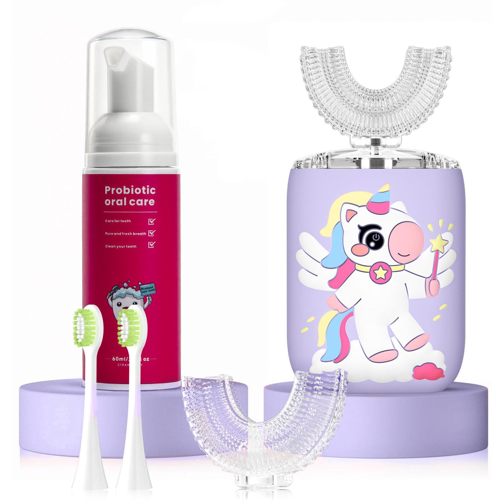 ELOTAME Kids U-Shaped Electric Toothbrush Unicorn Purple – front view