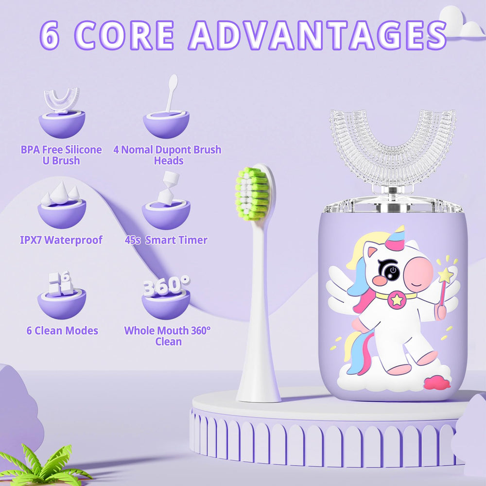 ELOTAME Kids U-Shaped Electric Toothbrush with 4 soft brush heads
