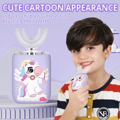 Close-up of unicorn purple U-shaped toothbrush head for kids
